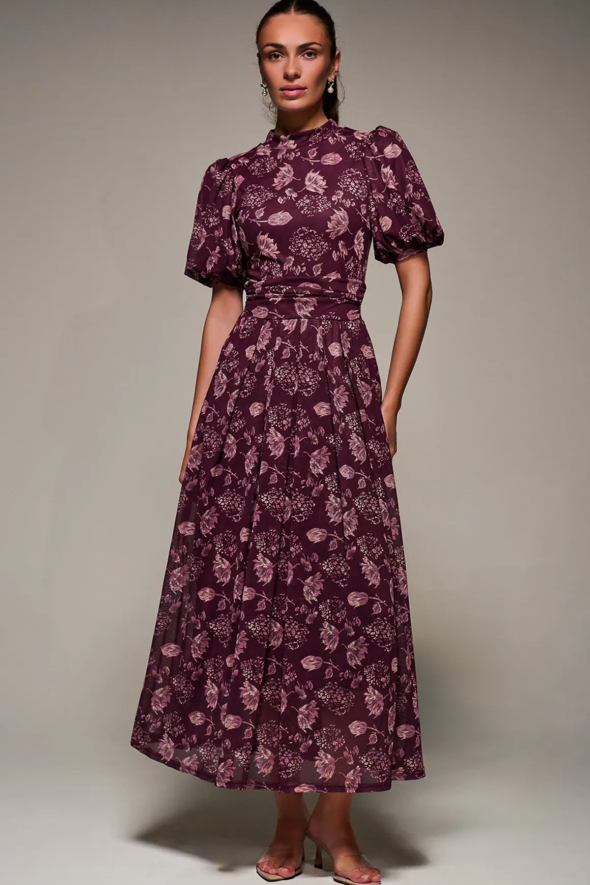 Puffy Sleeve Printed Mesh Maxi Dress, Burgundy Floral