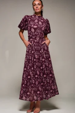 Puffy Sleeve Printed Mesh Maxi Dress, Burgundy Floral