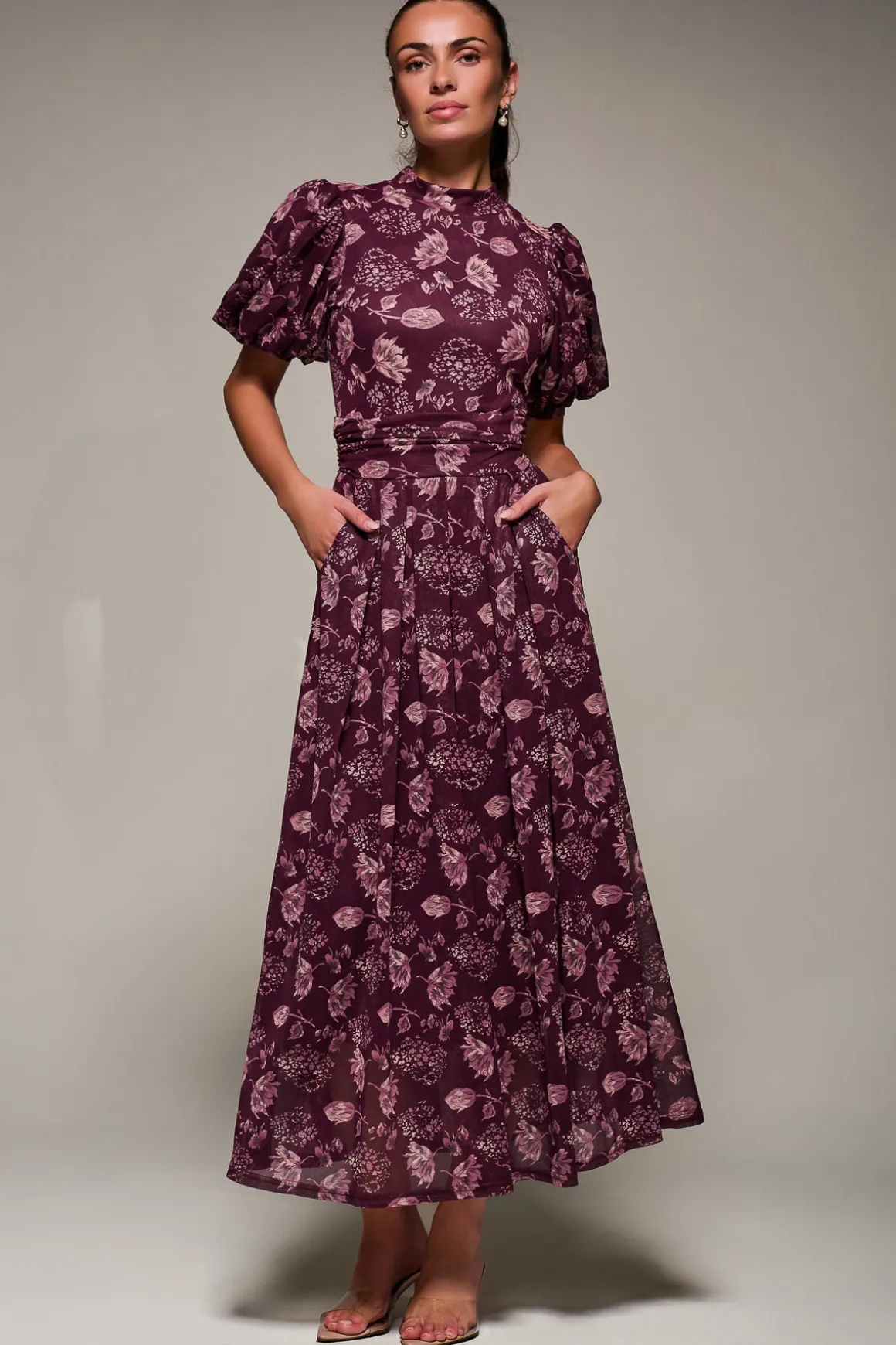 Puffy Sleeve Printed Mesh Maxi Dress, Burgundy Floral