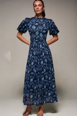 Puffy Sleeve Printed Mesh Maxi Dress, Navy Floral
