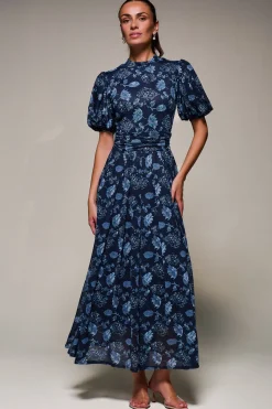 Puffy Sleeve Printed Mesh Maxi Dress, Navy Floral
