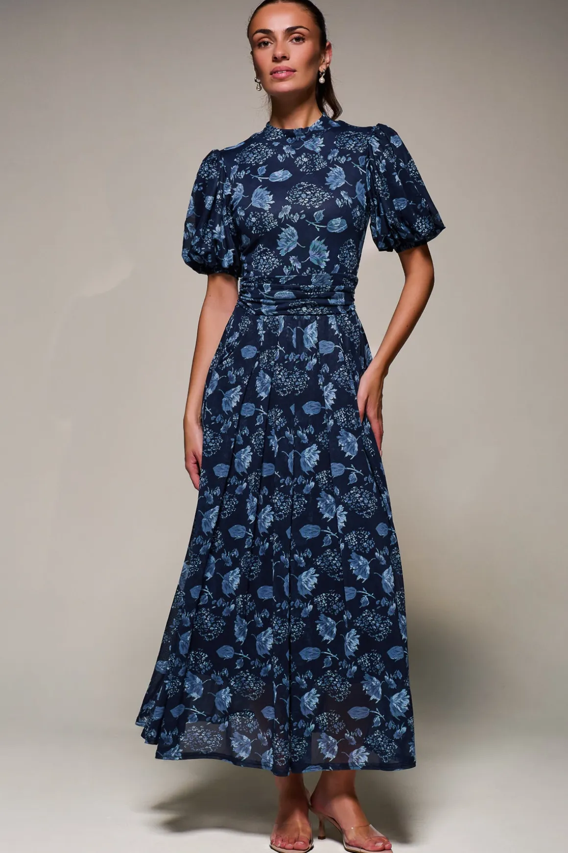 Puffy Sleeve Printed Mesh Maxi Dress, Navy Floral