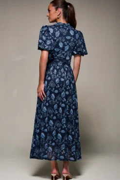Puffy Sleeve Printed Mesh Maxi Dress, Navy Floral