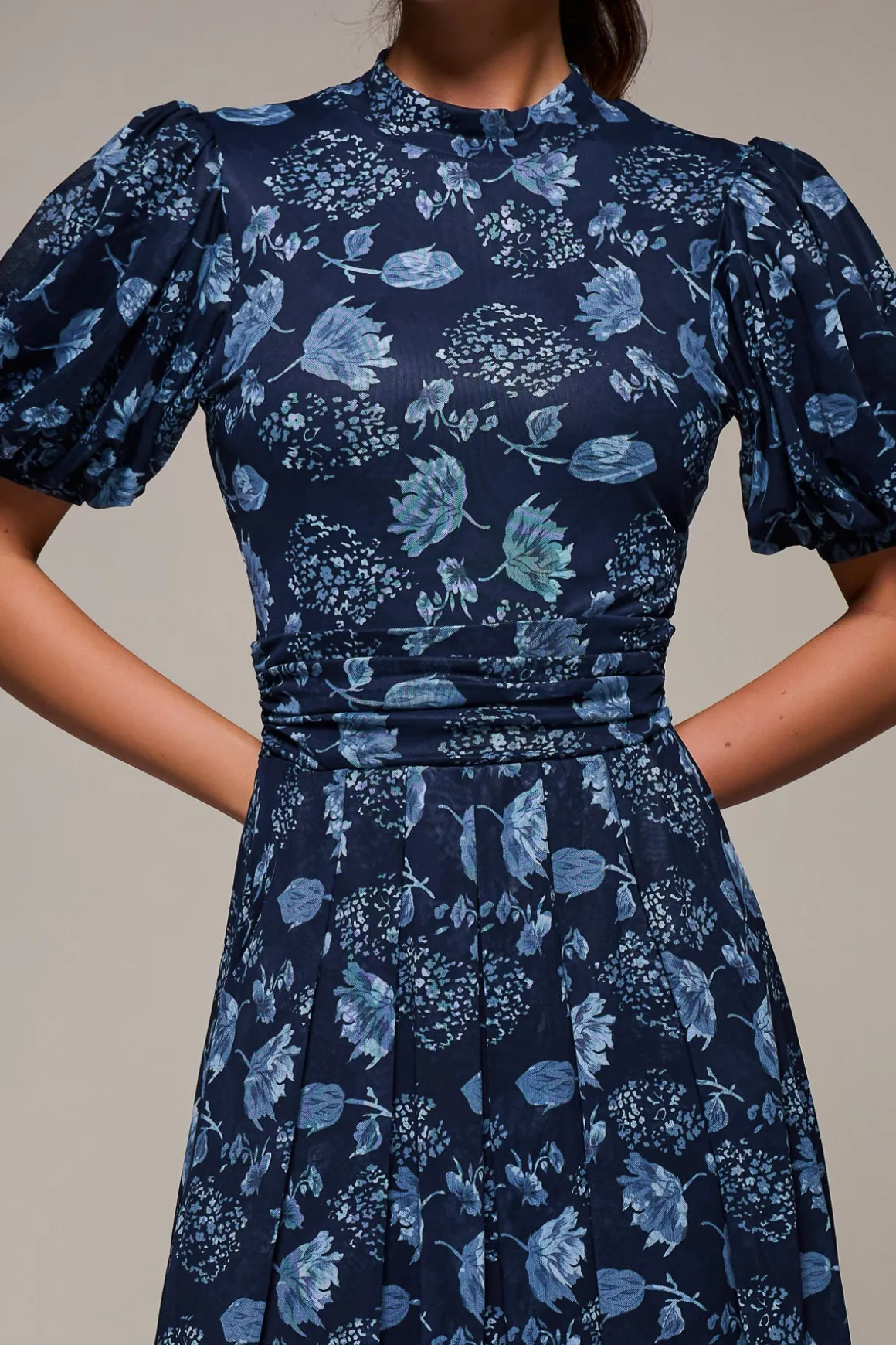 Puffy Sleeve Printed Mesh Maxi Dress, Navy Floral