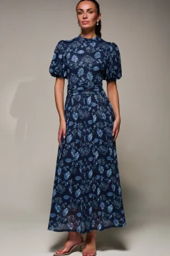 Puffy Sleeve Printed Mesh Maxi Dress, Navy Floral