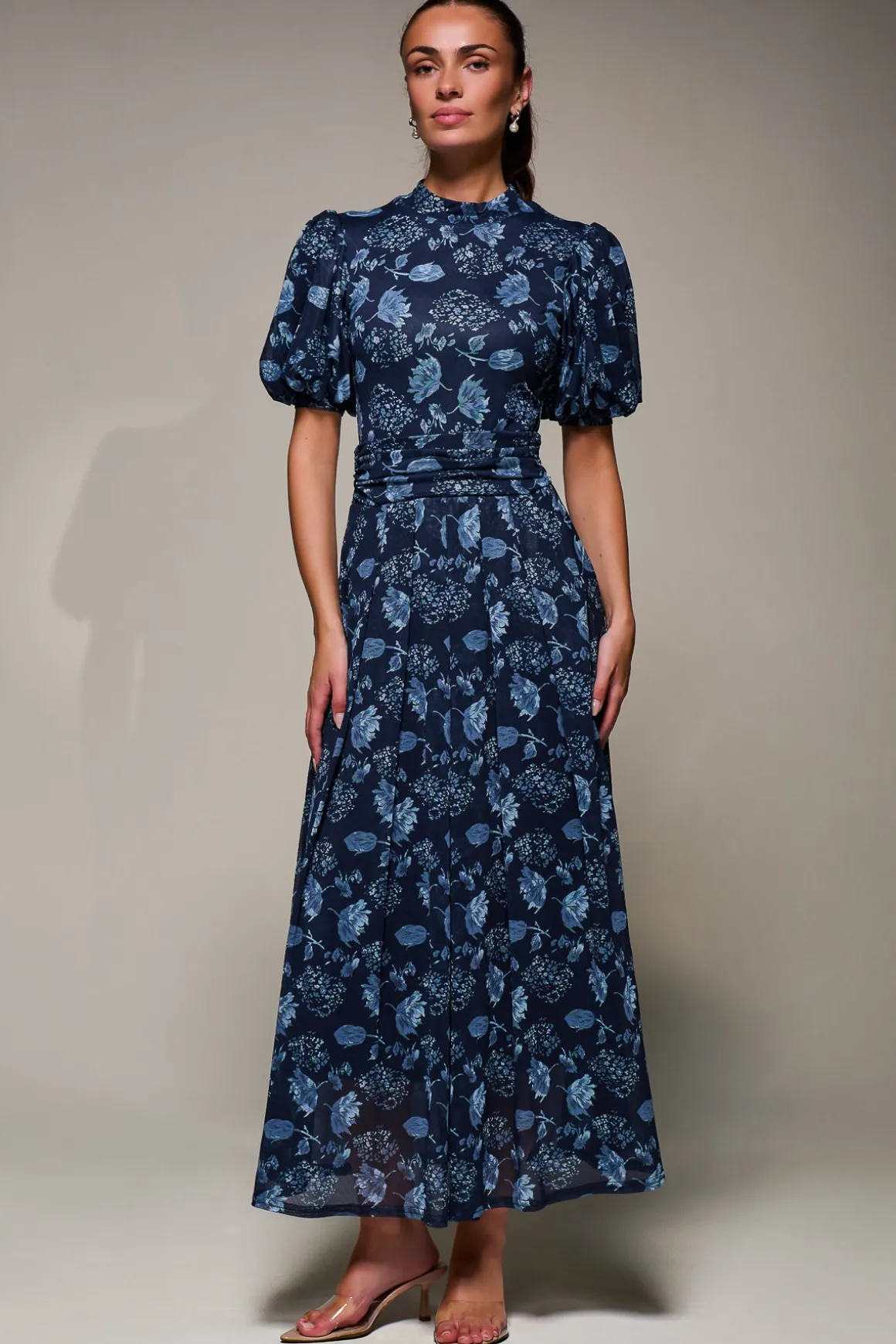 Puffy Sleeve Printed Mesh Maxi Dress, Navy Floral