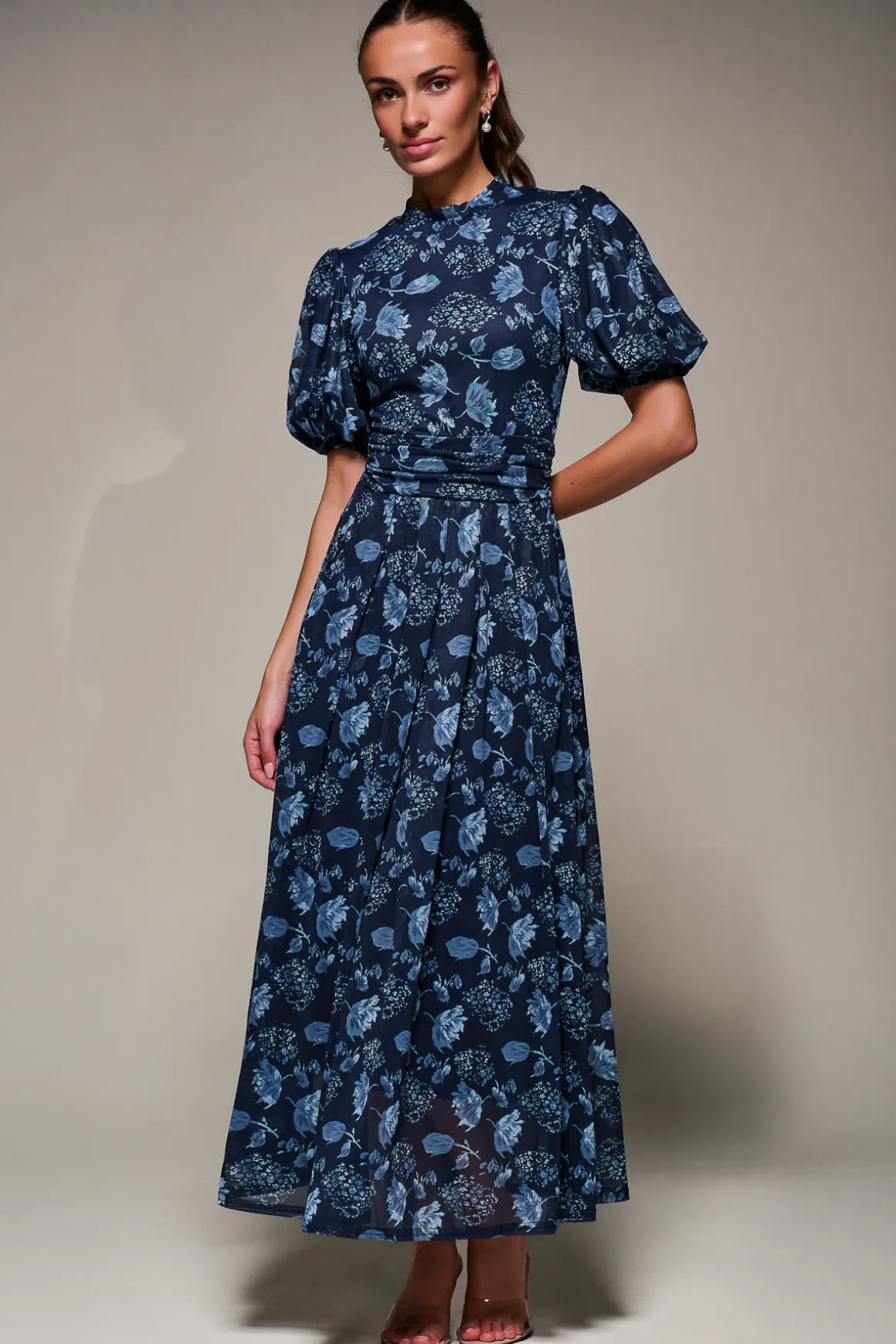 Puffy Sleeve Printed Mesh Maxi Dress, Navy Floral