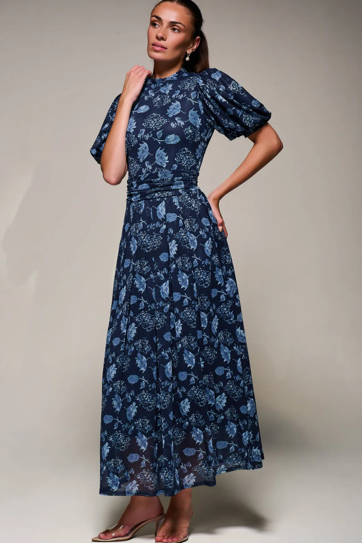 Puffy Sleeve Printed Mesh Maxi Dress, Navy Floral