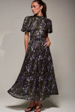 Puffy Sleeve Printed Mesh Maxi Dress, Purple Abstract