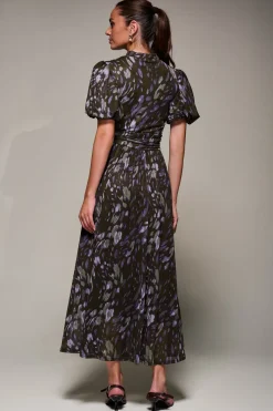 Puffy Sleeve Printed Mesh Maxi Dress, Purple Abstract