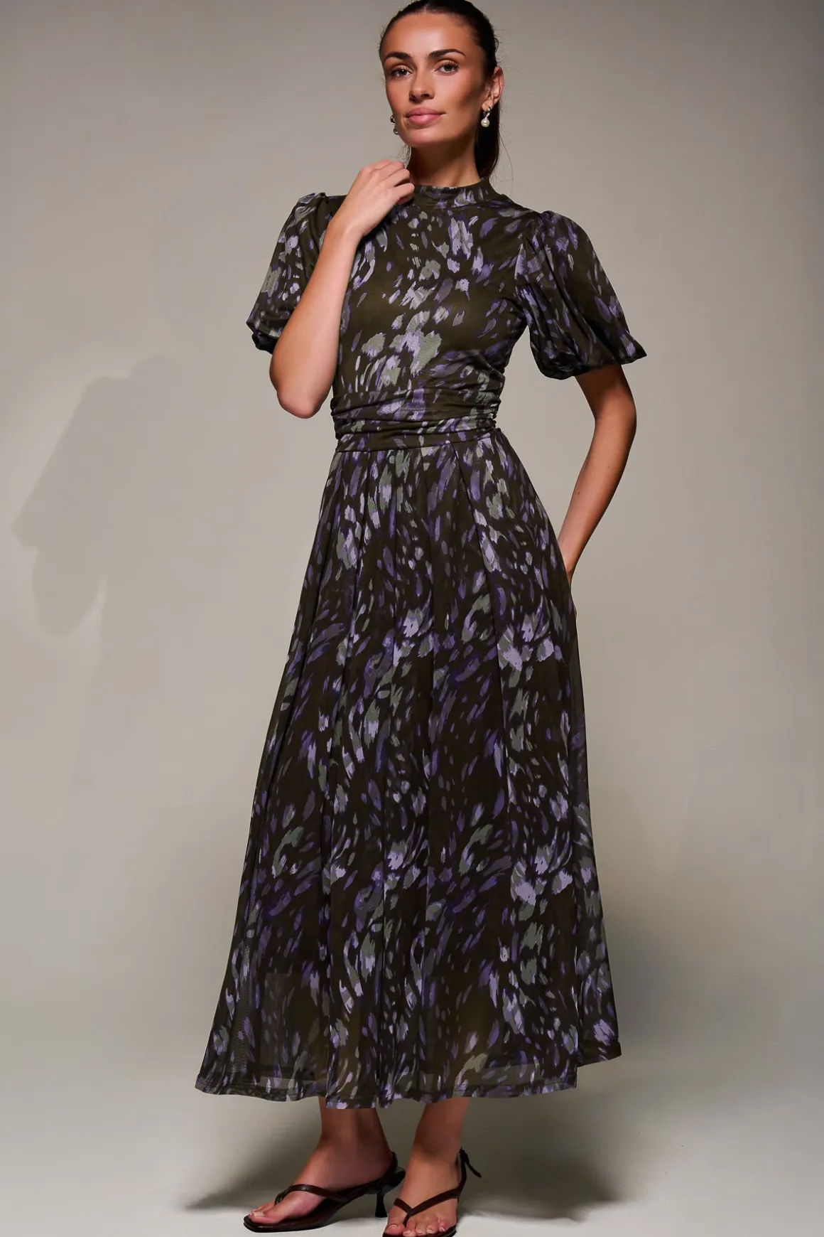 Puffy Sleeve Printed Mesh Maxi Dress, Purple Abstract