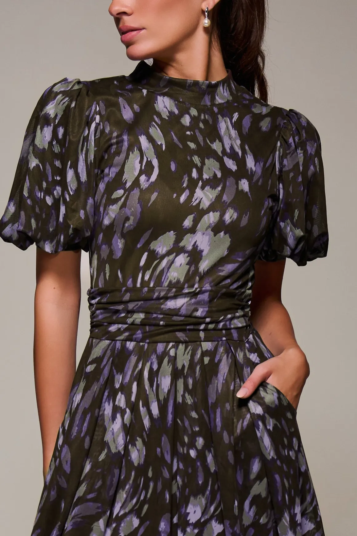 Puffy Sleeve Printed Mesh Maxi Dress, Purple Abstract