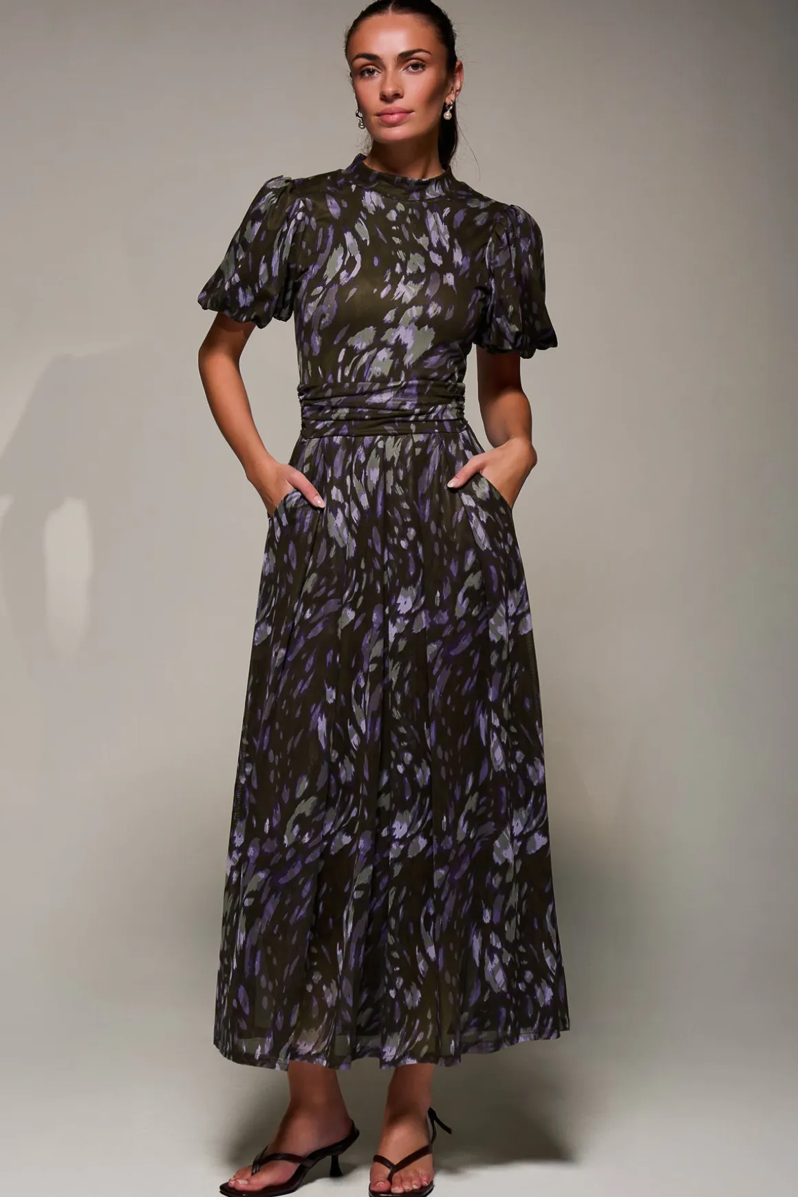Puffy Sleeve Printed Mesh Maxi Dress, Purple Abstract