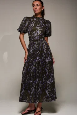 Puffy Sleeve Printed Mesh Maxi Dress, Purple Abstract