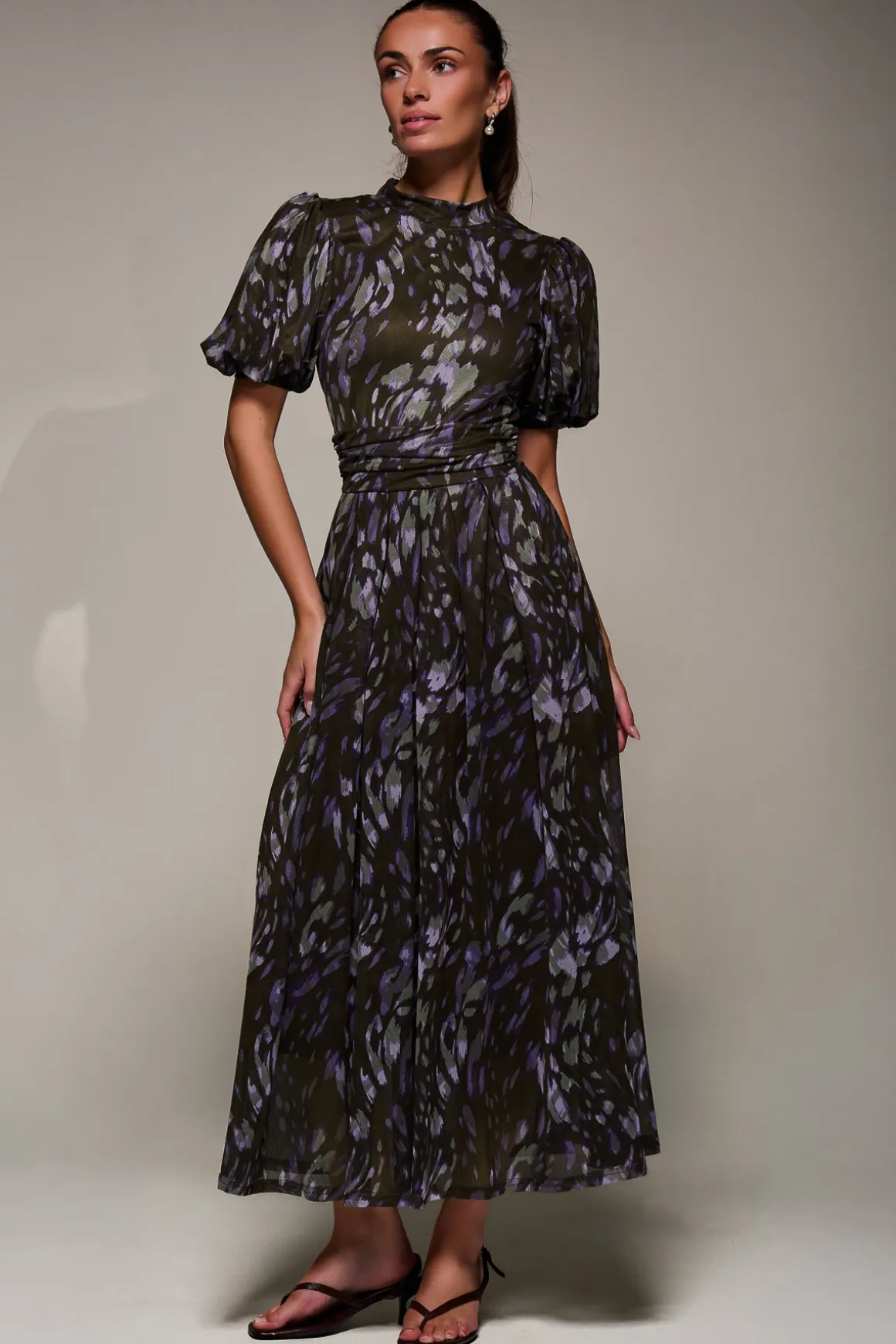 Puffy Sleeve Printed Mesh Maxi Dress, Purple Abstract