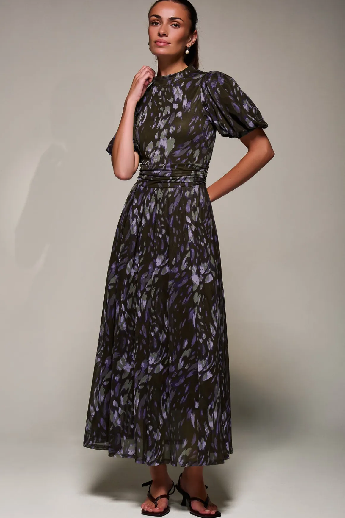 Puffy Sleeve Printed Mesh Maxi Dress, Purple Abstract
