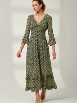 Qaiya Shirred Chiffon Maxi Dress, Green Floral