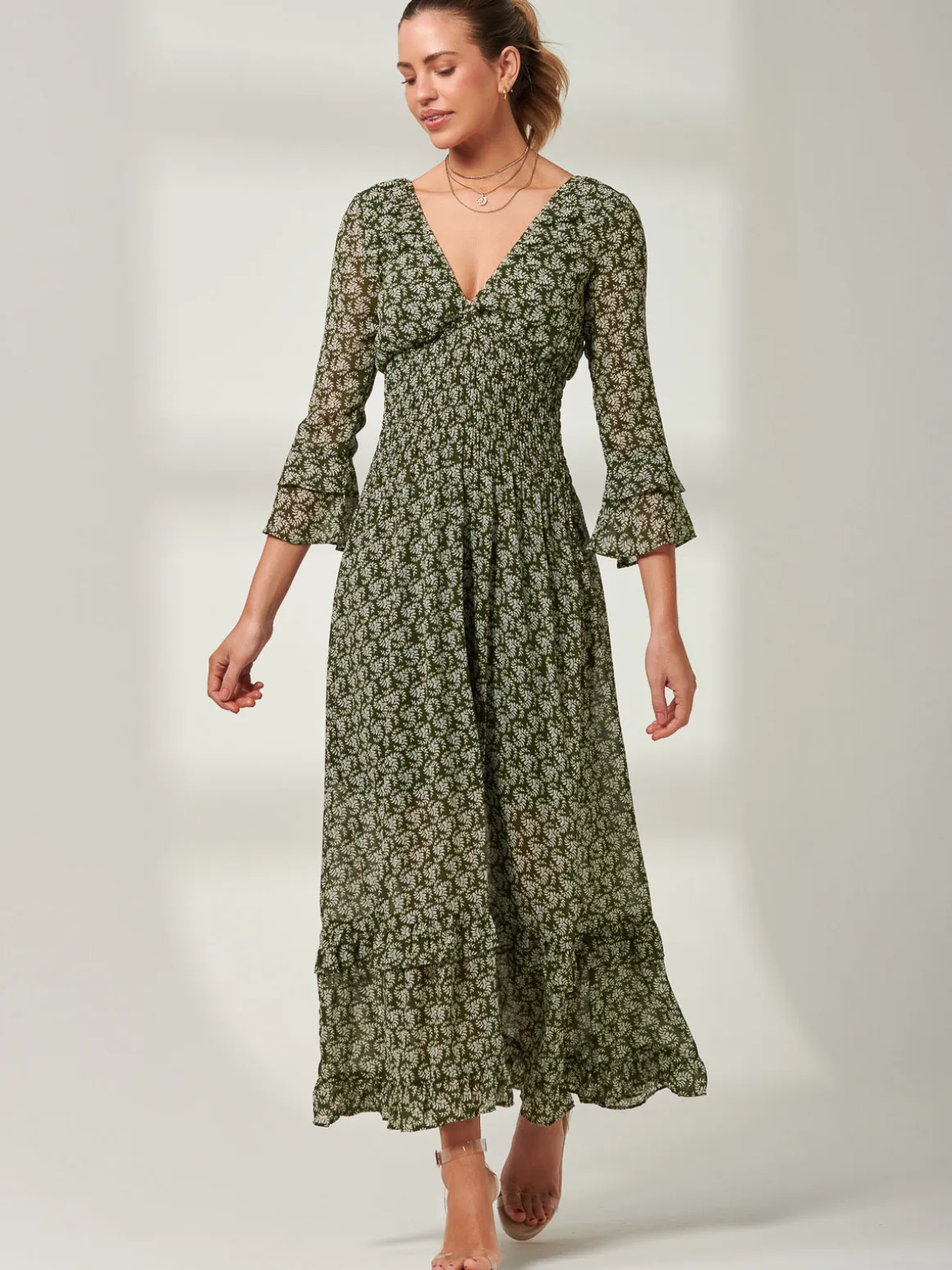 Qaiya Shirred Chiffon Maxi Dress, Green Floral