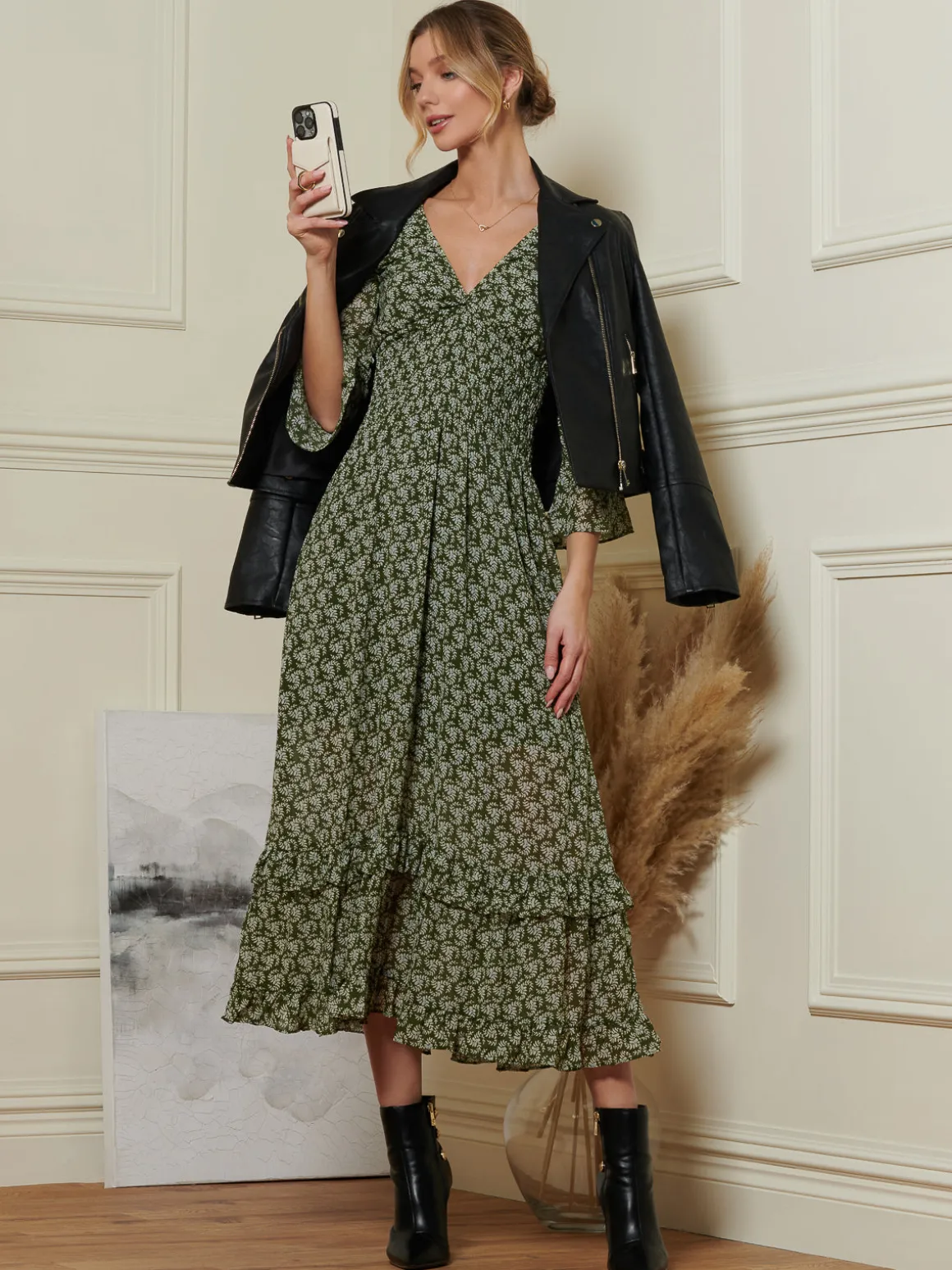 Qaiya Shirred Chiffon Maxi Dress, Green Floral