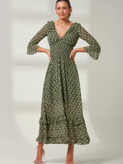 Qaiya Shirred Chiffon Maxi Dress, Green Floral