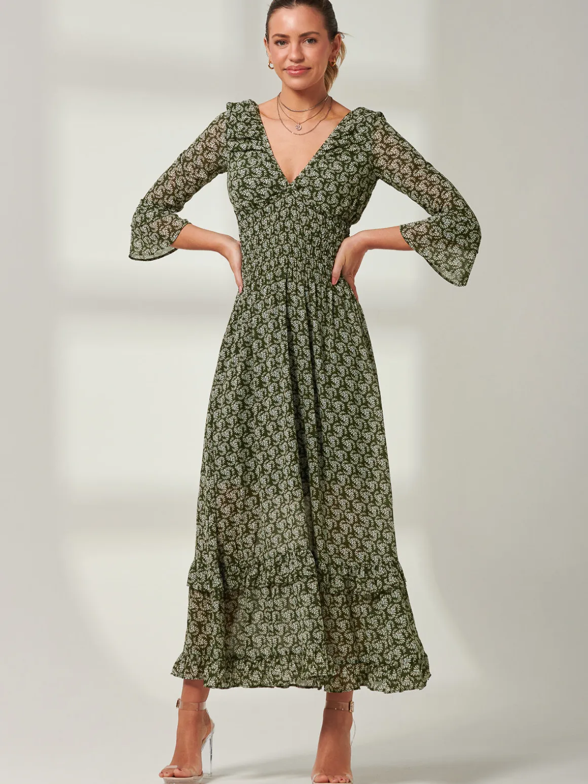 Qaiya Shirred Chiffon Maxi Dress, Green Floral