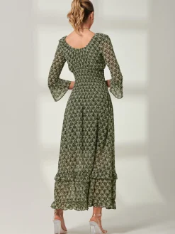 Qaiya Shirred Chiffon Maxi Dress, Green Floral