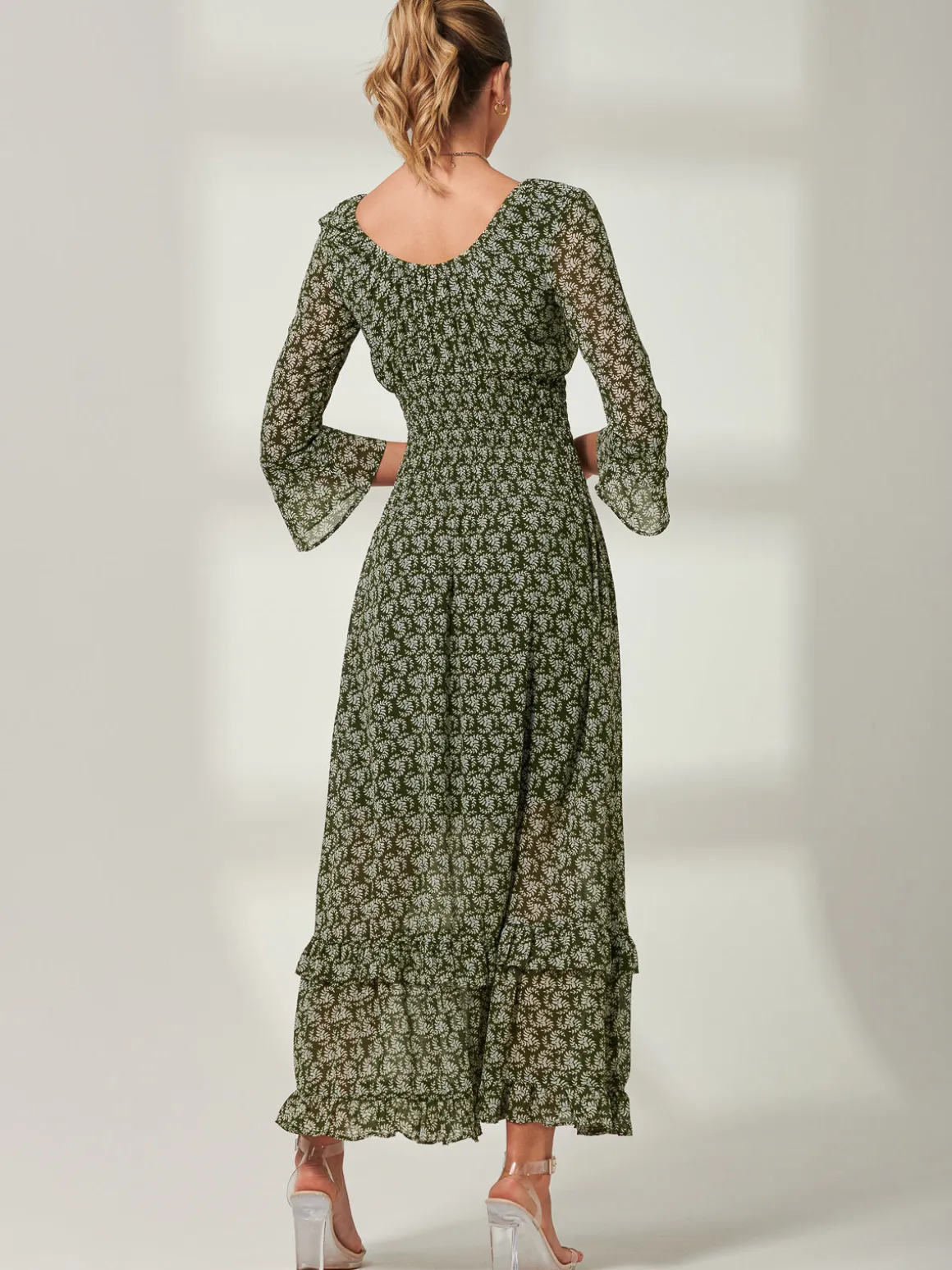 Qaiya Shirred Chiffon Maxi Dress, Green Floral