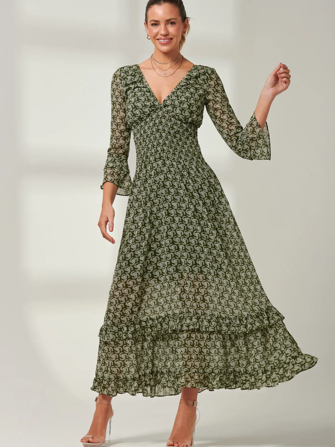 Qaiya Shirred Chiffon Maxi Dress, Green Floral