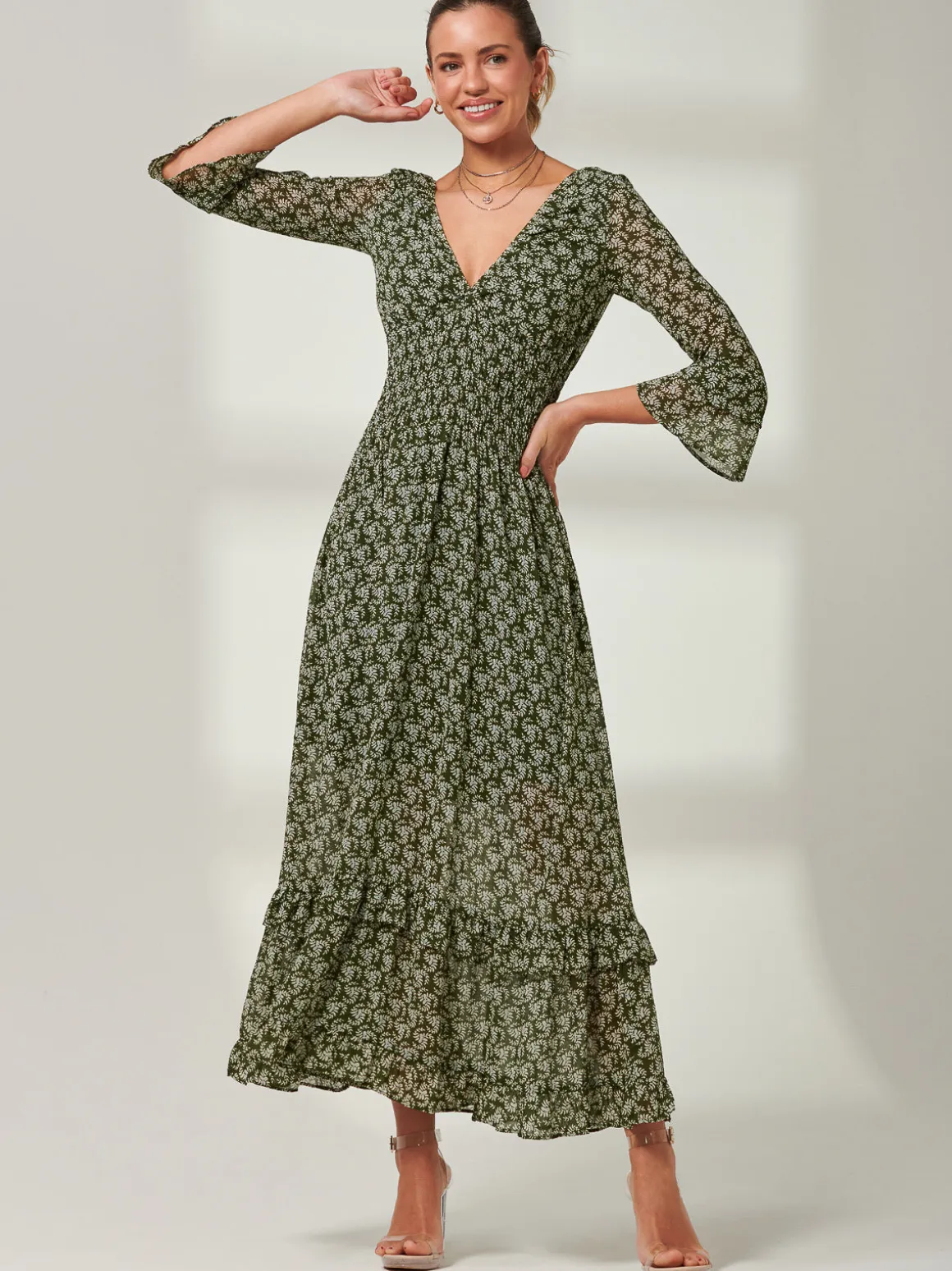 Qaiya Shirred Chiffon Maxi Dress, Green Floral