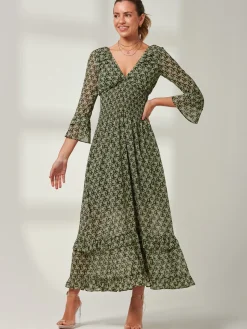Qaiya Shirred Chiffon Maxi Dress, Green Floral