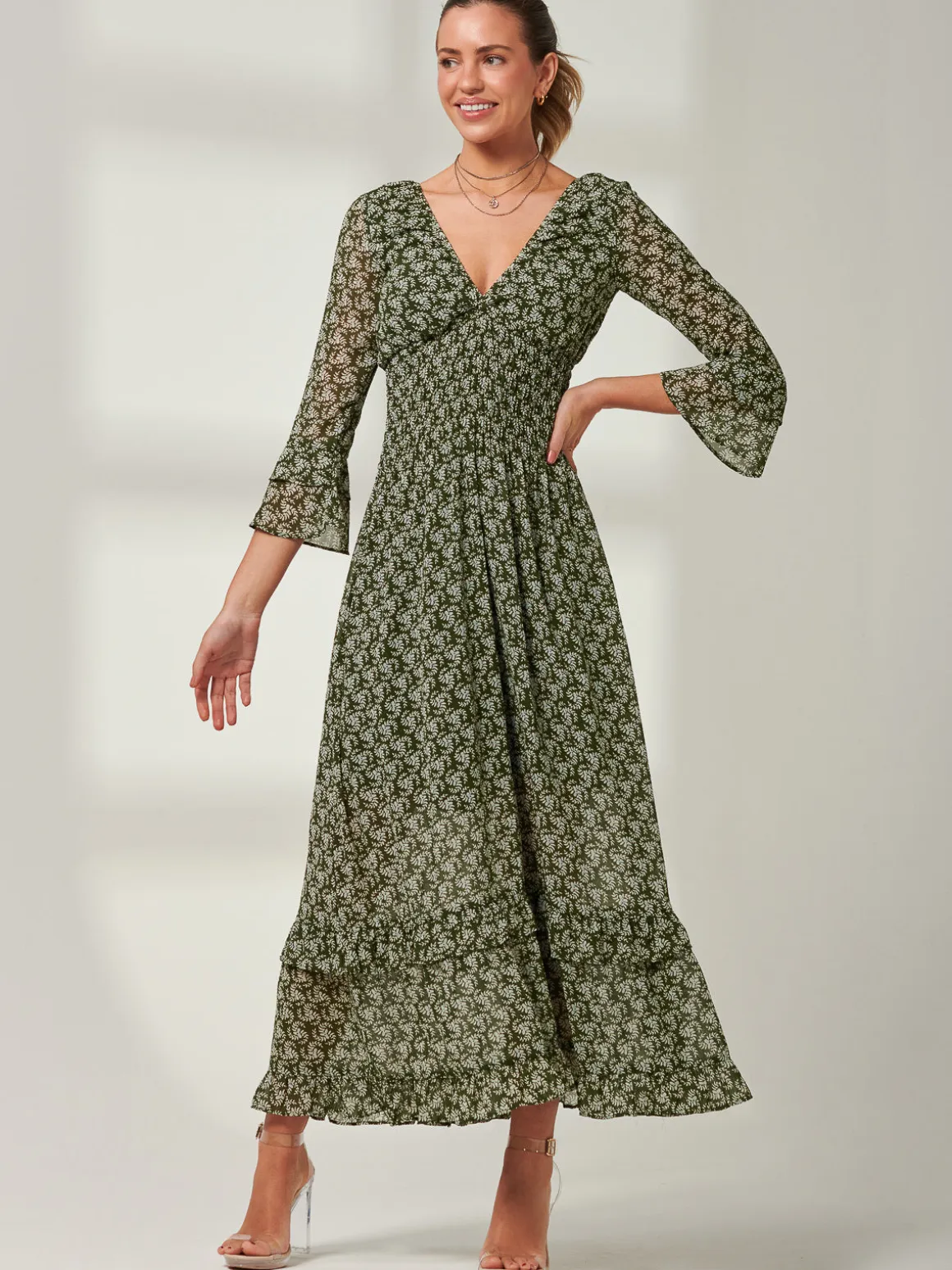 Qaiya Shirred Chiffon Maxi Dress, Green Floral