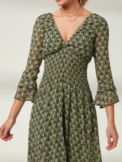 Qaiya Shirred Chiffon Maxi Dress, Green Floral