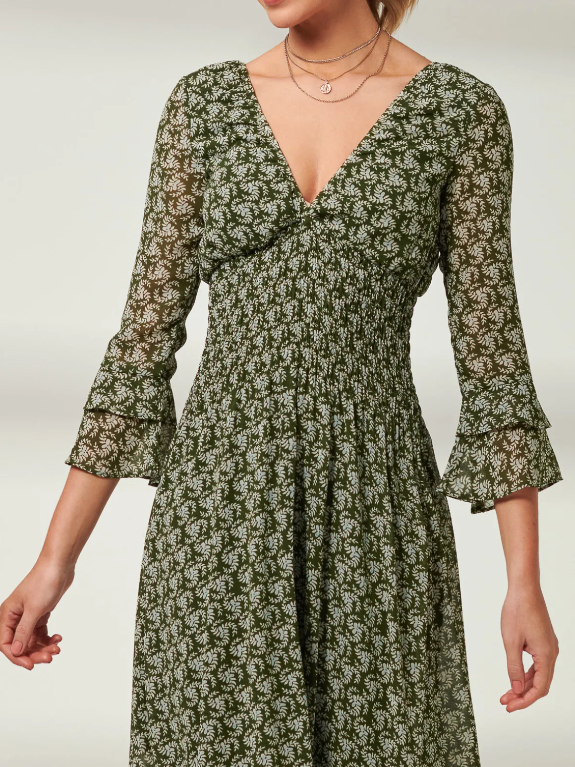 Qaiya Shirred Chiffon Maxi Dress, Green Floral