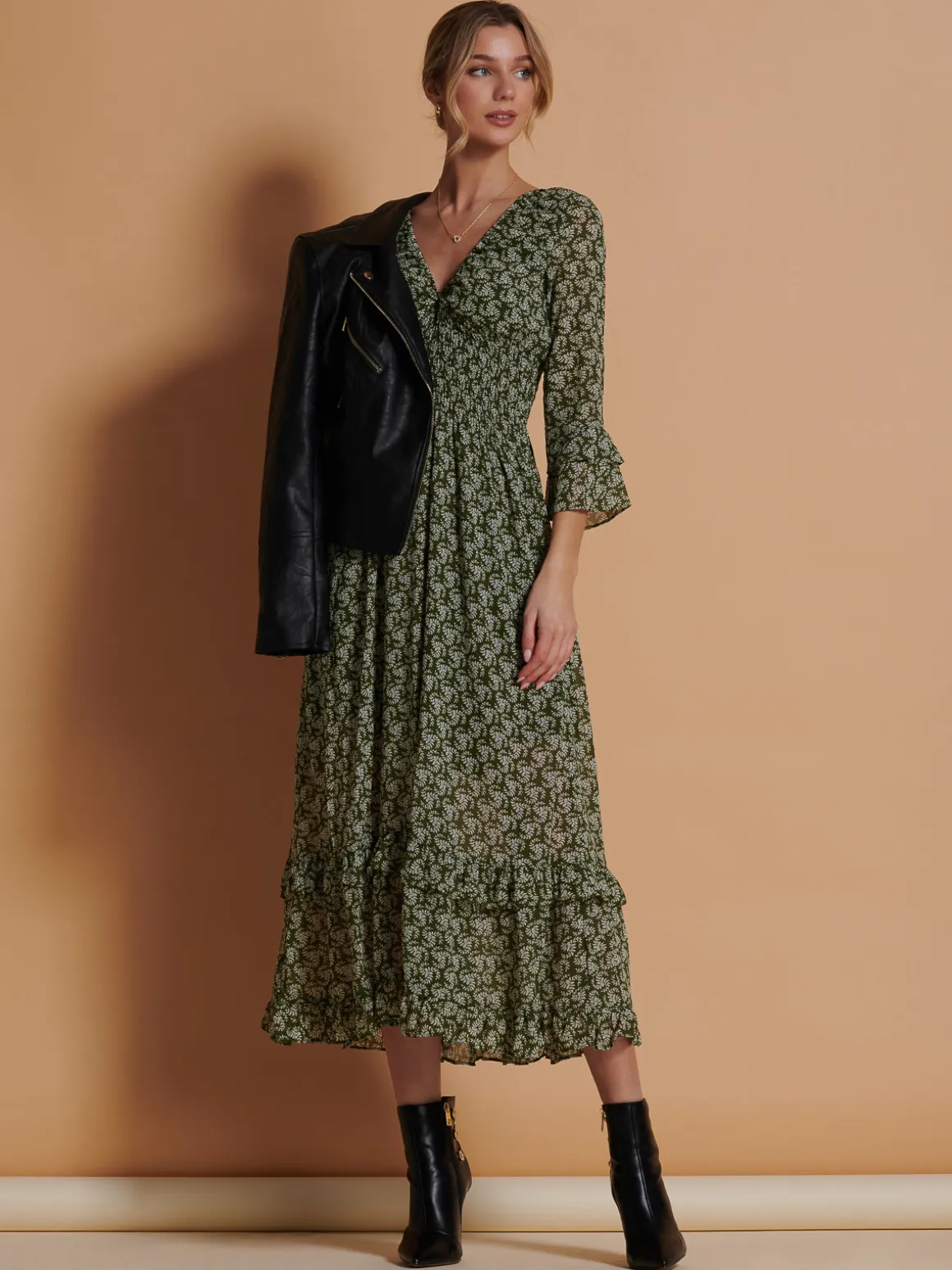 Qaiya Shirred Chiffon Maxi Dress, Green Floral
