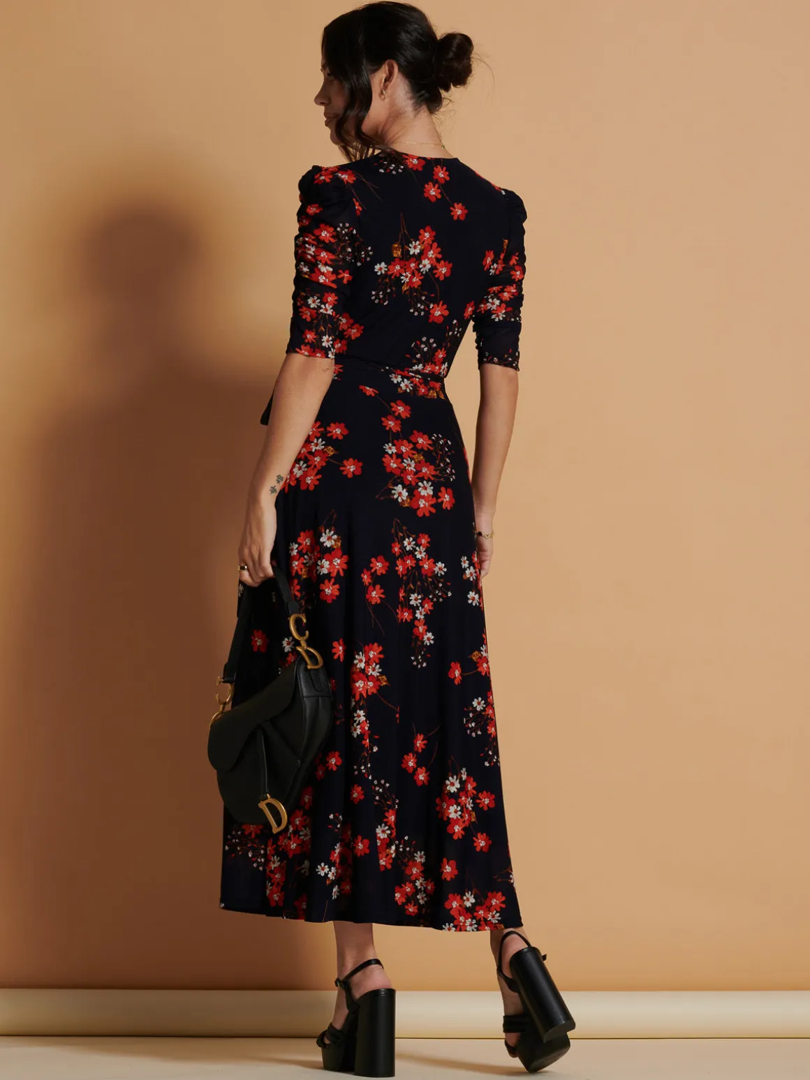 Qaliyah Wrap Front Mesh Maxi Dress, Navy Orange Floral