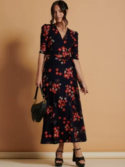 Qaliyah Wrap Front Mesh Maxi Dress, Navy Orange Floral