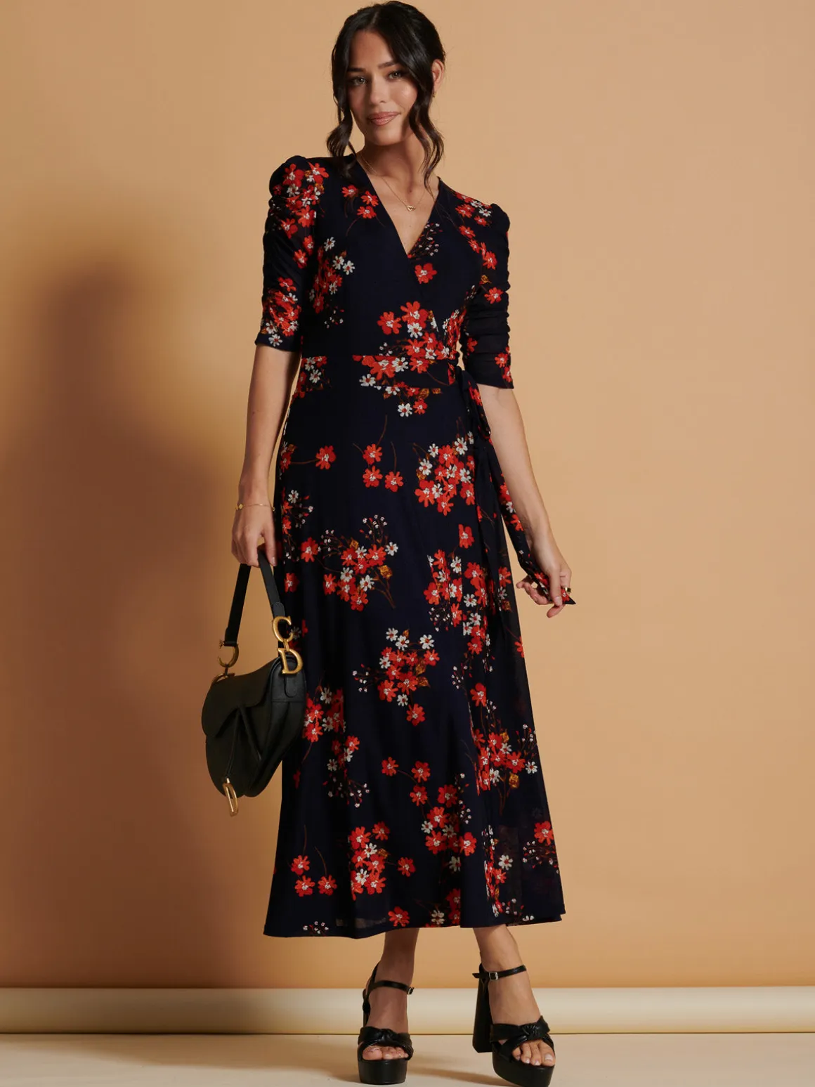 Qaliyah Wrap Front Mesh Maxi Dress, Navy Orange Floral