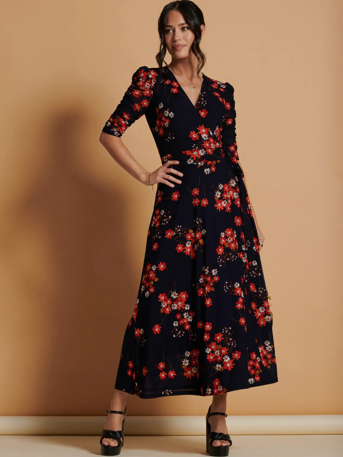 Qaliyah Wrap Front Mesh Maxi Dress, Navy Orange Floral