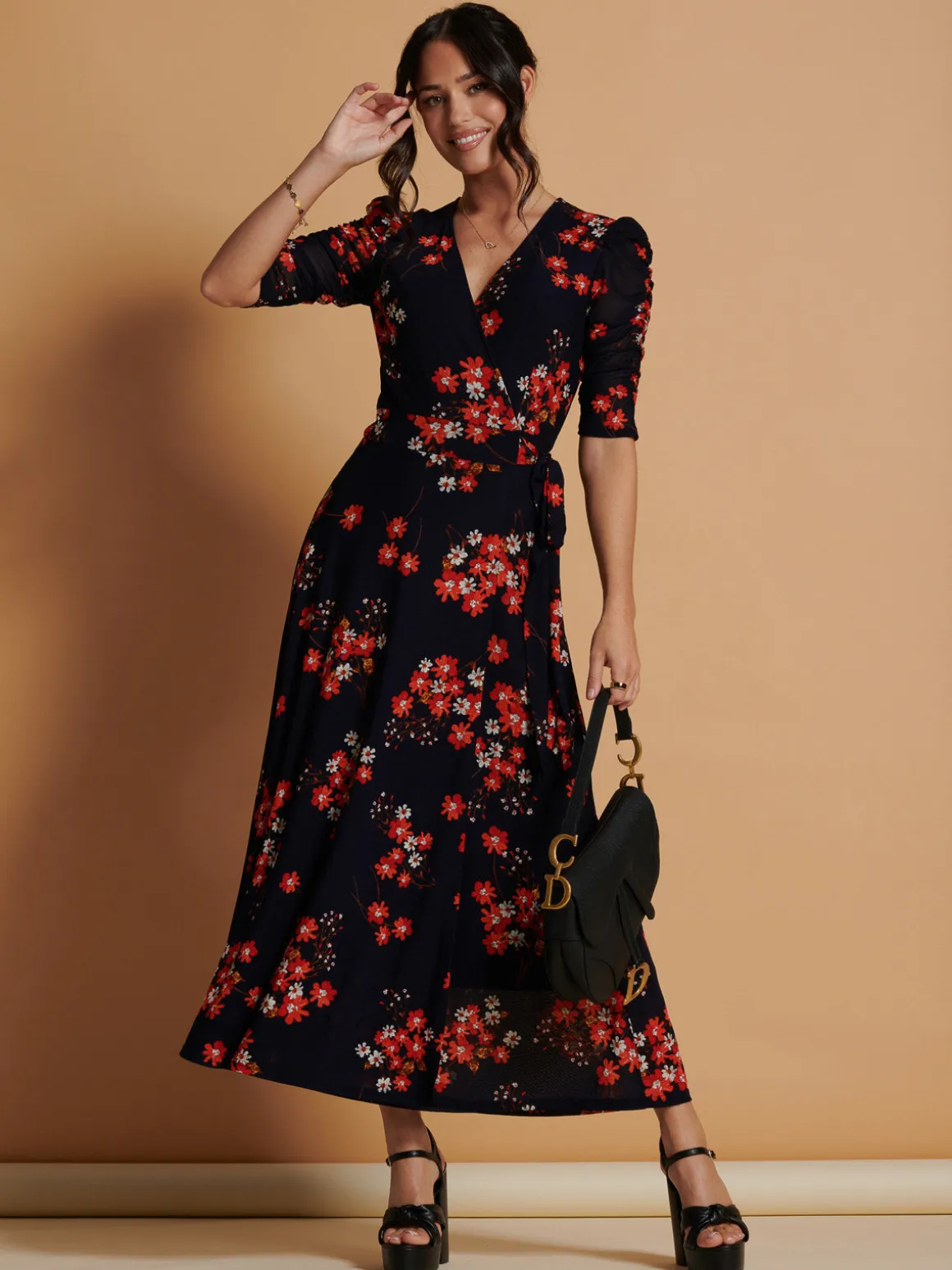 Qaliyah Wrap Front Mesh Maxi Dress, Navy Orange Floral