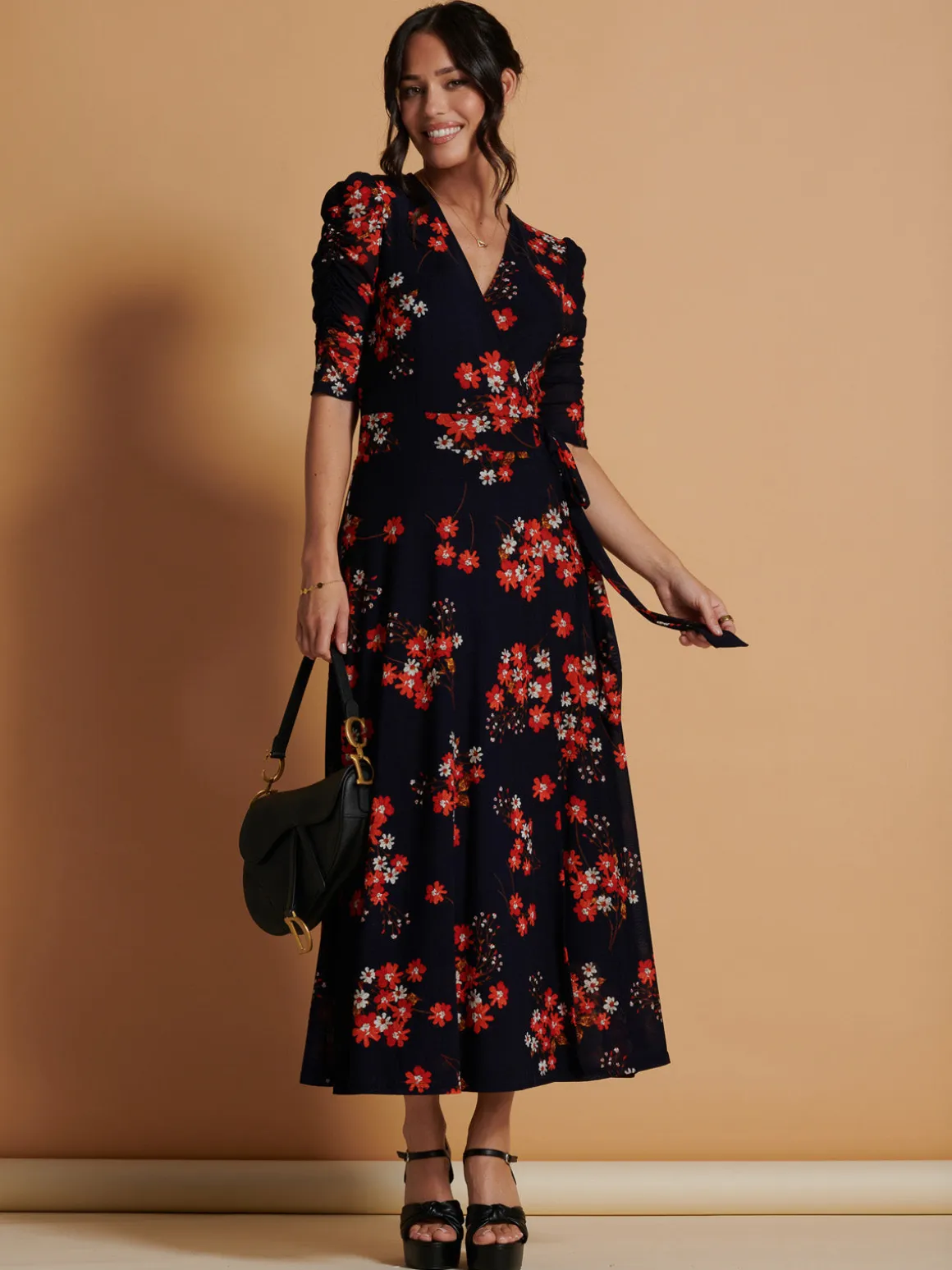 Qaliyah Wrap Front Mesh Maxi Dress, Navy Orange Floral