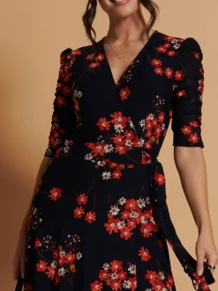 Qaliyah Wrap Front Mesh Maxi Dress, Navy Orange Floral