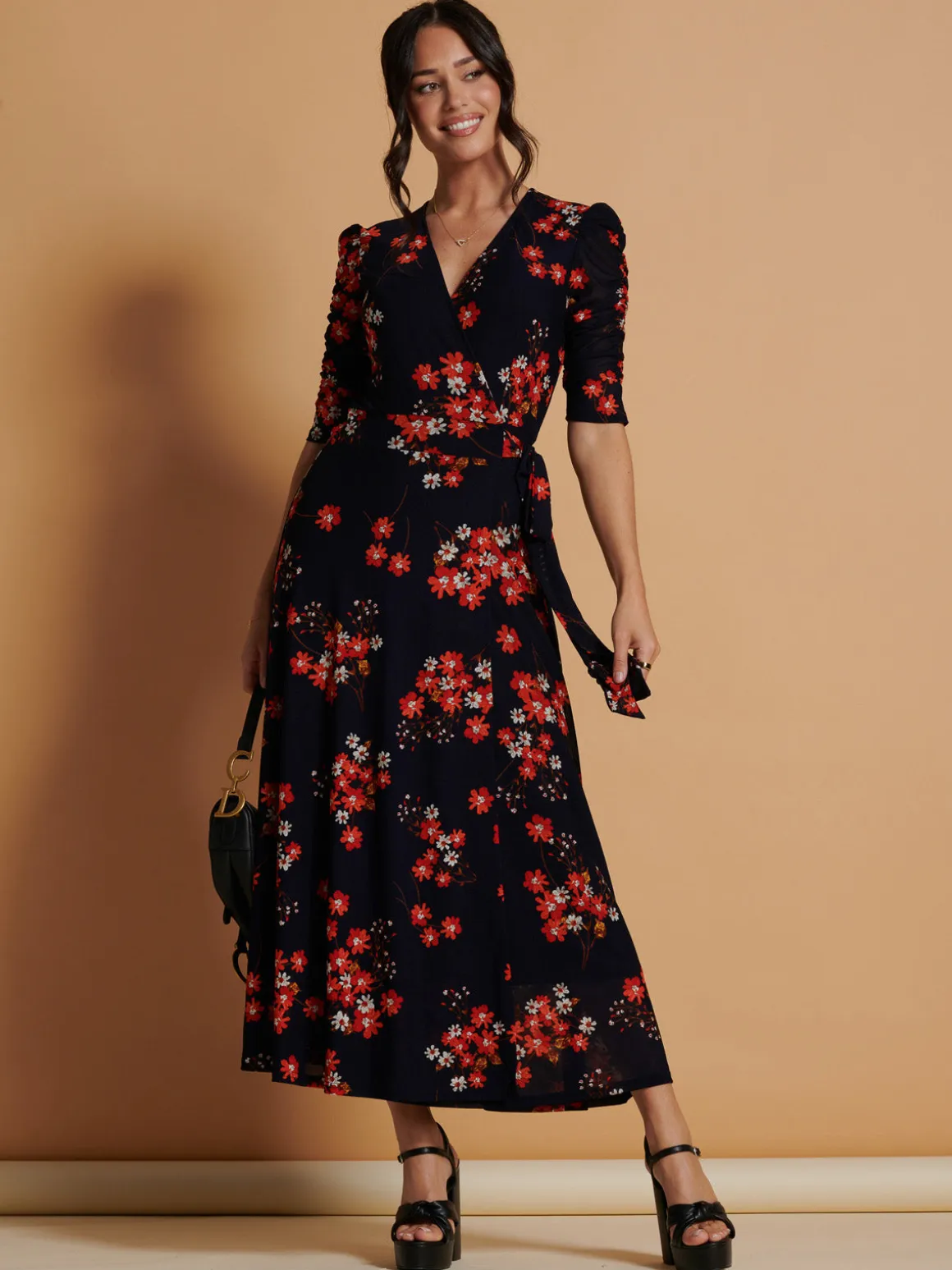 Qaliyah Wrap Front Mesh Maxi Dress, Navy Orange Floral
