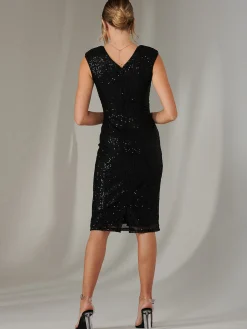 Qaya Sequin V Neck Shift Dress, Black