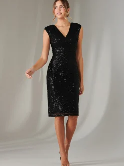 Qaya Sequin V Neck Shift Dress, Black