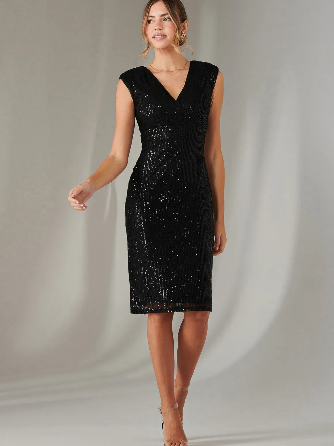 Qaya Sequin V Neck Shift Dress, Black