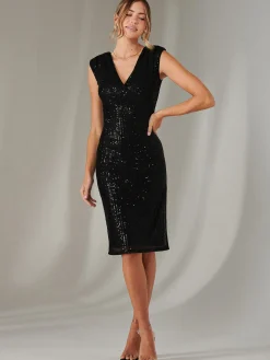 Qaya Sequin V Neck Shift Dress, Black