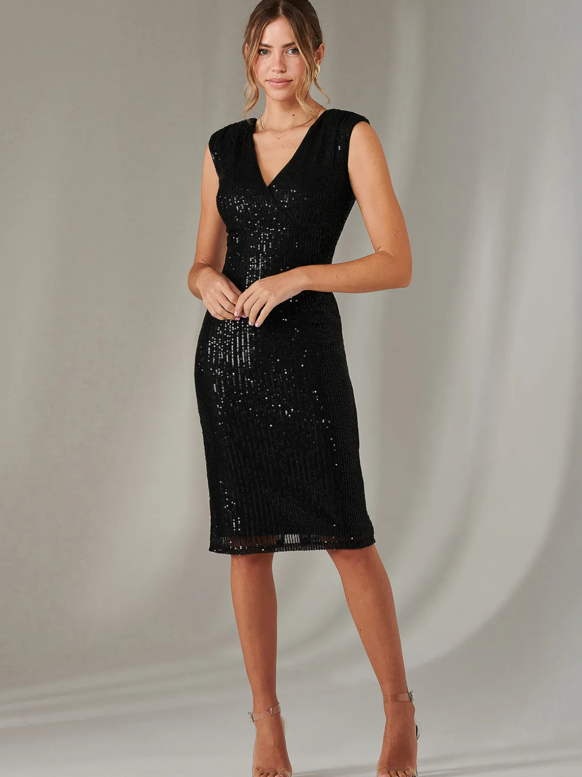 Qaya Sequin V Neck Shift Dress, Black