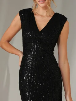 Qaya Sequin V Neck Shift Dress, Black