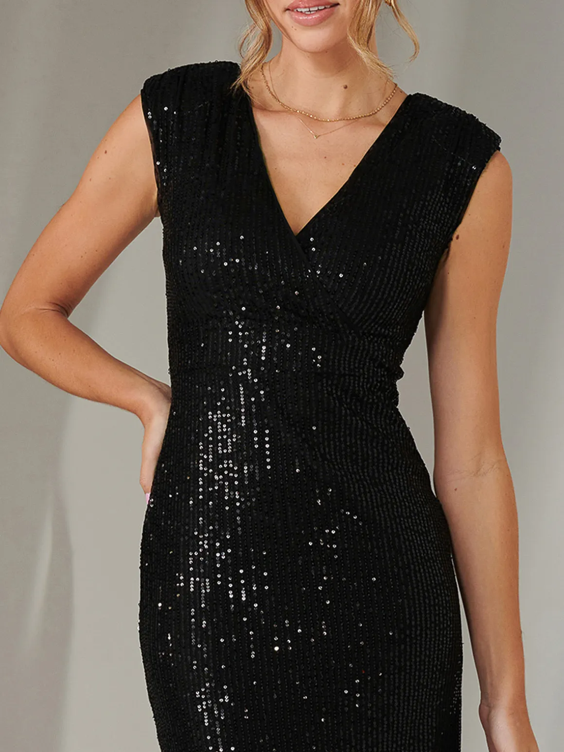 Qaya Sequin V Neck Shift Dress, Black