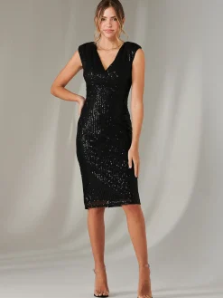 Qaya Sequin V Neck Shift Dress, Black